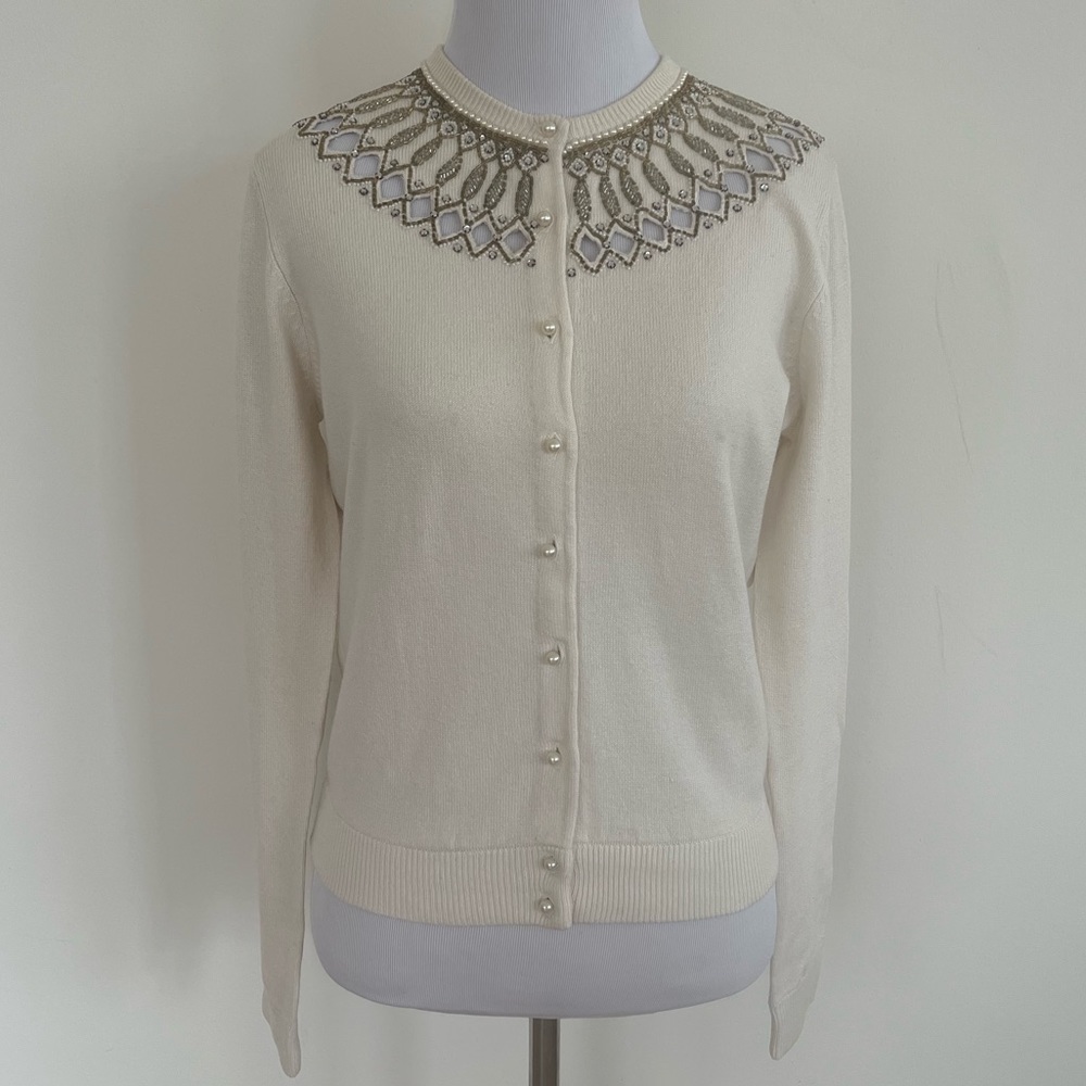 Moda International Winter White Jeweled Cardigan Size Small